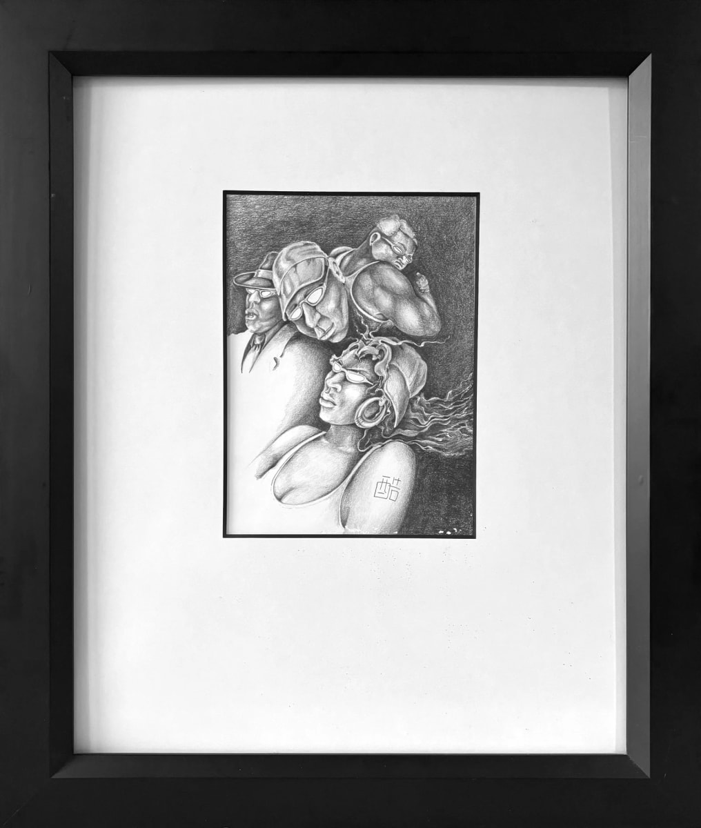 Femme Tatouer by André JAY Chapdelaine  Image: Four figures, each with their own distinct personality, are captured in a moment of introspection. The detailed pencil work highlights the individuality and power of the tattooed central figure, adding depth to the composition.