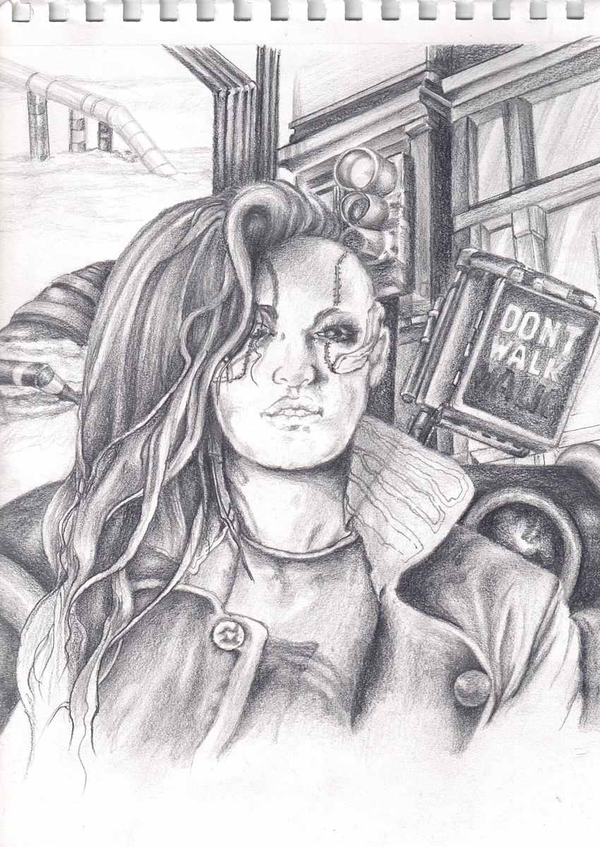 Punckette by André JAY Chapdelaine  Image: Un regard rebelle dans un décor urbain saturé de contrastes, où l'interdiction et la liberté se croisent. Graphite sur papier, un hommage à l'âme de la rue."