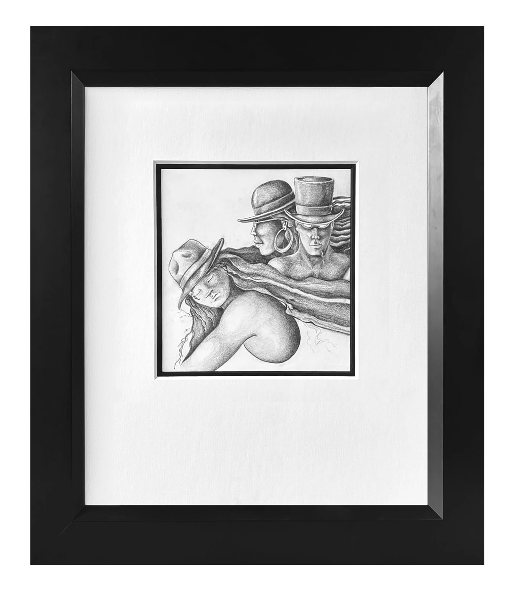 Sou Surveillance by André JAY Chapdelaine  Image: Three figures, each with a unique hat, engage in a wordless connection. The fine pencil work captures the surreal and mysterious essence of their interaction."