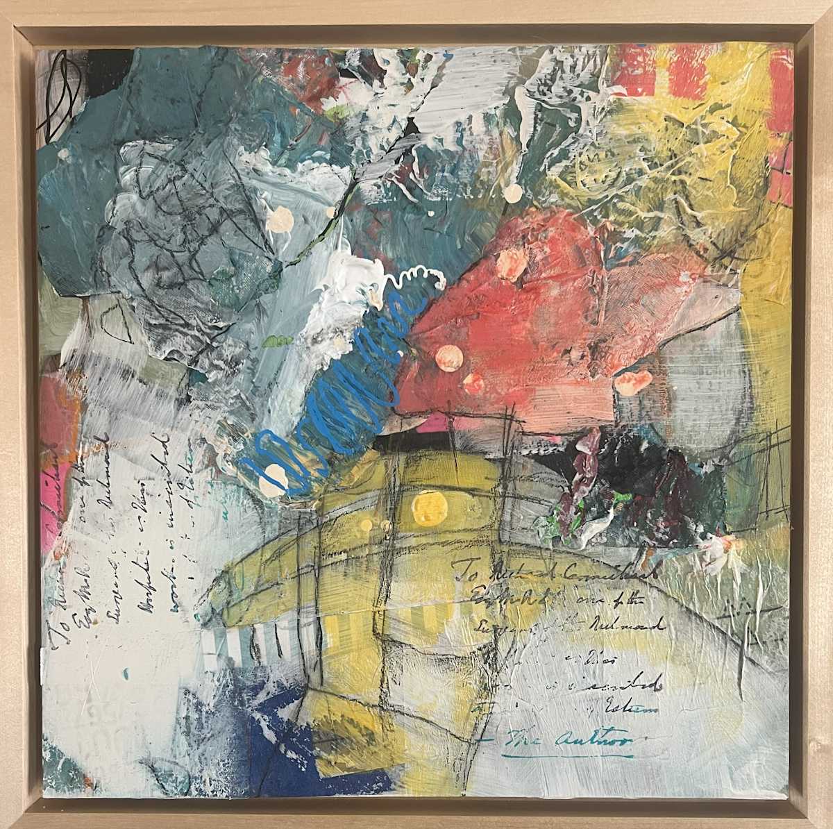 Winter's Wisdom by Michelle O'Connor  Image: 12" x 12" Winter's Wisdom
Like a snow-covered landscape concealing life below, this painting reveals truths slowly. Cool hues, embedded text, and layered forms evoke the quiet clarity and reflection of the winter season.