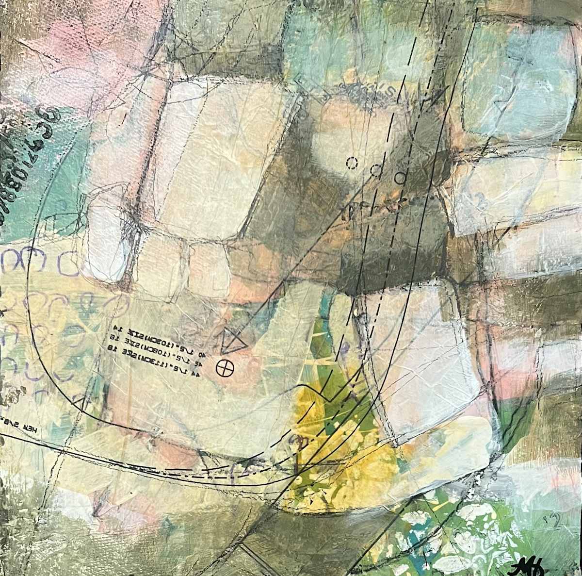 Lofty by Michelle Anne O'Connor  Image: Lofty is a layered reflection on elevation—both physical and emotional. Soft geometrics float across a textured landscape of sage, ivory, blush, and chartreuse, intersected by delicate lines and cryptic markings that evoke maps, dreams, or blueprints. This 12x12 inch piece invites the viewer to consider what it means to rise—above noise, limitation, or the ordinary—and glimpse something expansive.