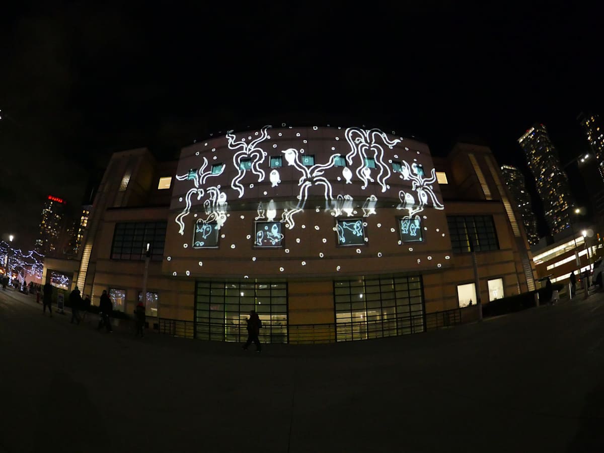 Seachange by Jenny Chen  Image: Projected at the Hazel Mccallion Library, a part of the Mississauga's 50's Anniversary Festivities and Winter Magic 2024.