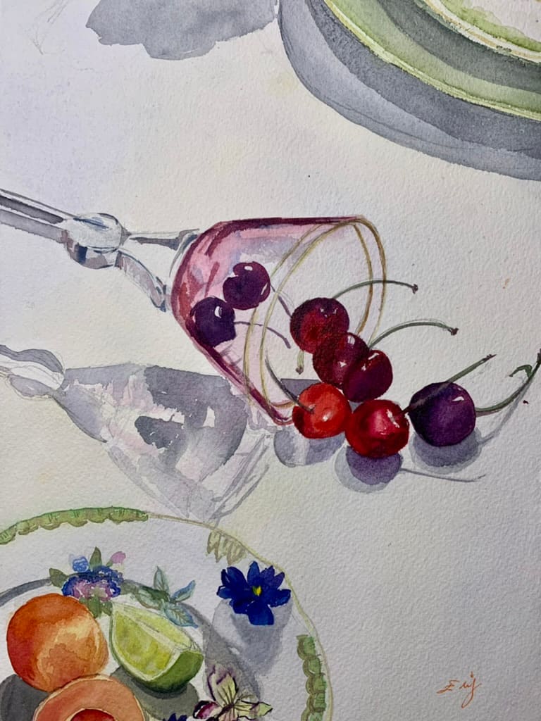 Delicate Decadence by Elif Ozkaya  Image: Inspired by a Moser ad, I explored how I would play with light bouncing off a crystal glass. My favorite painting and illustration subjects are cherries, lemons, and strawberries. 