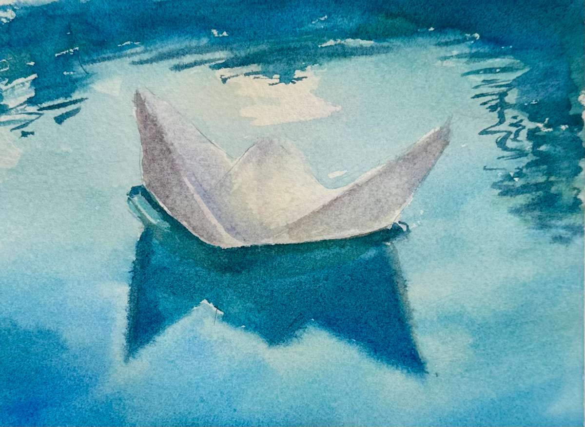Paper Boat (Small) by Elif Ozkaya  Image: Watercolor painting of a paper boat delicately floating on calm waters. The soft brushstrokes and muted tones capture the simplicity and whimsy of the scene, evoking a sense of nostalgia.