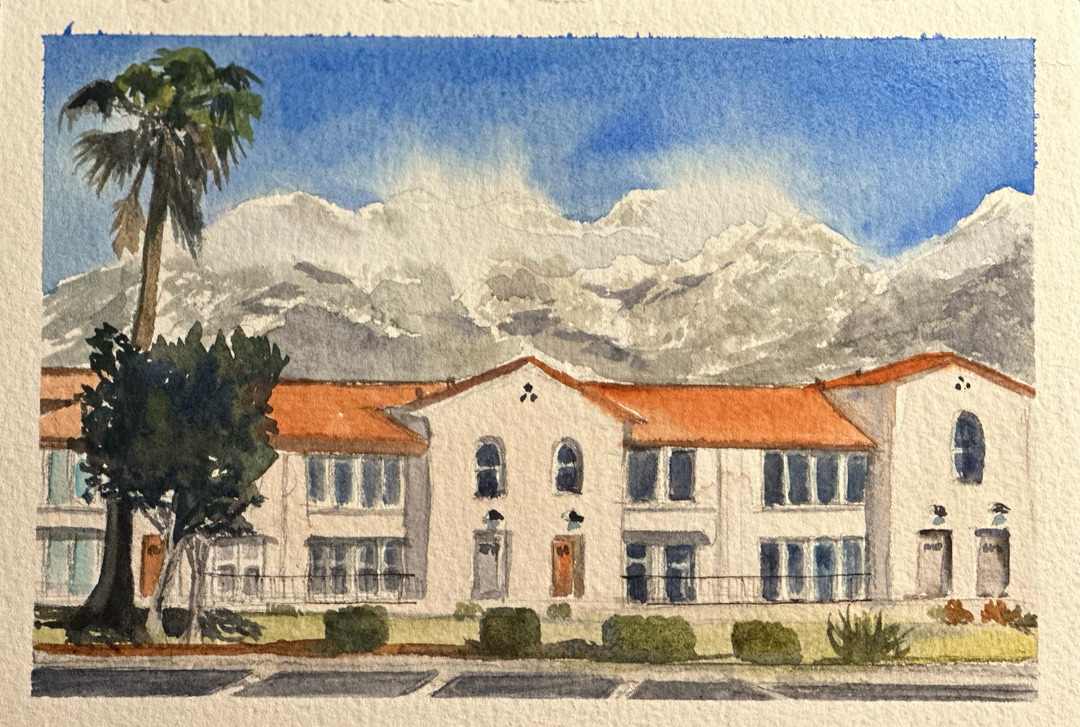 Foothills, Upland by Elif Ozkaya  Image: Watercolor painting of the foothills in Upland, CA, featuring a building in the foreground with a tall palm tree. The artwork captures the natural beauty of the foothills and the iconic California landscape.