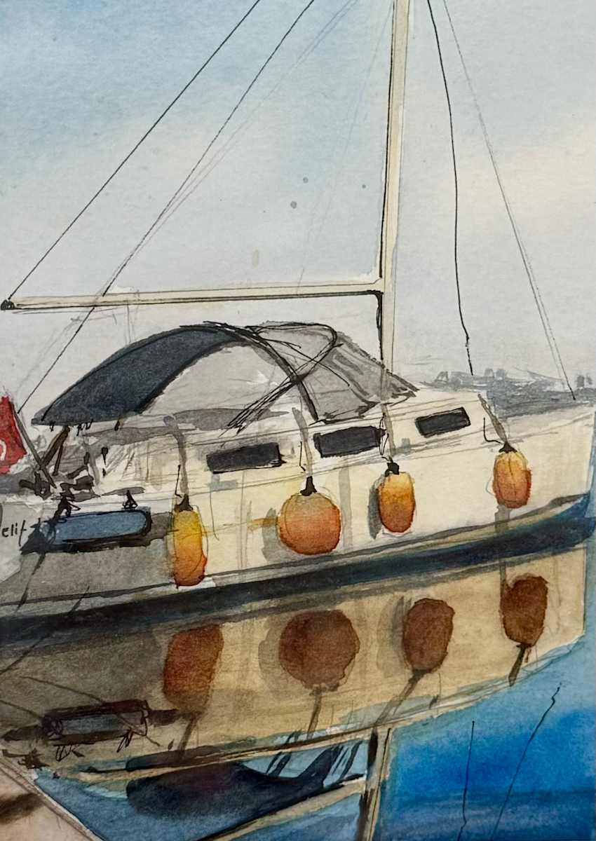 Marina (Small) by Elif Ozkaya  Image: Watercolor painting of a marina with a large sailboat and its reflection on calm waters. The artwork captures the serene coastal atmosphere, highlighting the sailboat's graceful lines and the peaceful water scene.