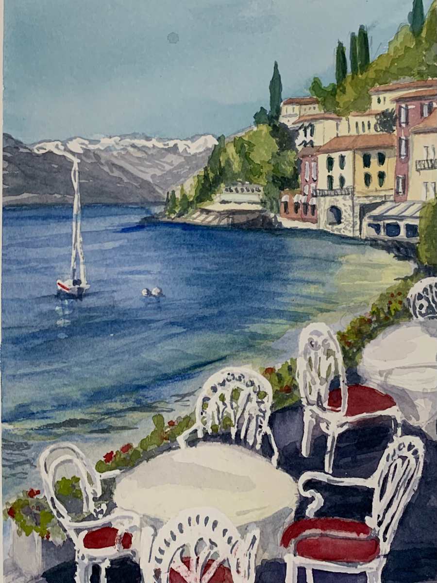 Verenna by Elif Ozkaya  Image: Watercolor landscape painting of Varenna, Italy, featuring the picturesque lakeside town with vibrant buildings, lush greenery, and the serene waters of Lake Como. The artwork captures the timeless beauty and charm of this Italian destination.