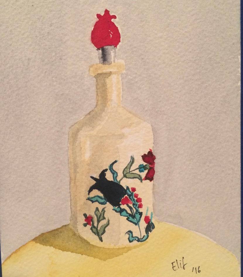 Iznik Bottle by Elif Ozkaya  Image: Watercolor painting of a ceramic bottle with intricate ethnic floral designs and a bold red cap. The detailed artwork highlights the craftsmanship and vibrant cultural patterns of the piece.