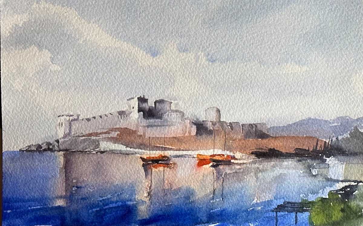 Bodrum Skyline by Elif Ozkaya  Image: Watercolor painting of the Bodrum city skyline, featuring the castle architecture against the backdrop of the Aegean Sea. The artwork captures the vibrant essence of this coastal Turkish city.