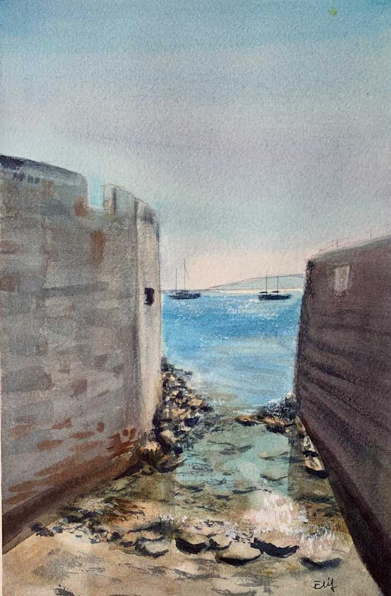 Bodrum Castle by Elif Ozkaya  Image: Watercolor painting of Bodrum Castle overlooking the shimmering Aegean Sea. The artwork captures the majestic fortress set against the vibrant blue waters, highlighting the timeless beauty of this historic landmark.