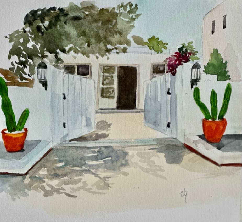 Leleg by Elif Ozkaya  Image: Watercolor painting of a Mediterranean white house with an entrance framed by two terracotta planters holding cacti. The artwork captures the charm and simplicity of Mediterranean architecture, accented by the natural beauty of desert plants.