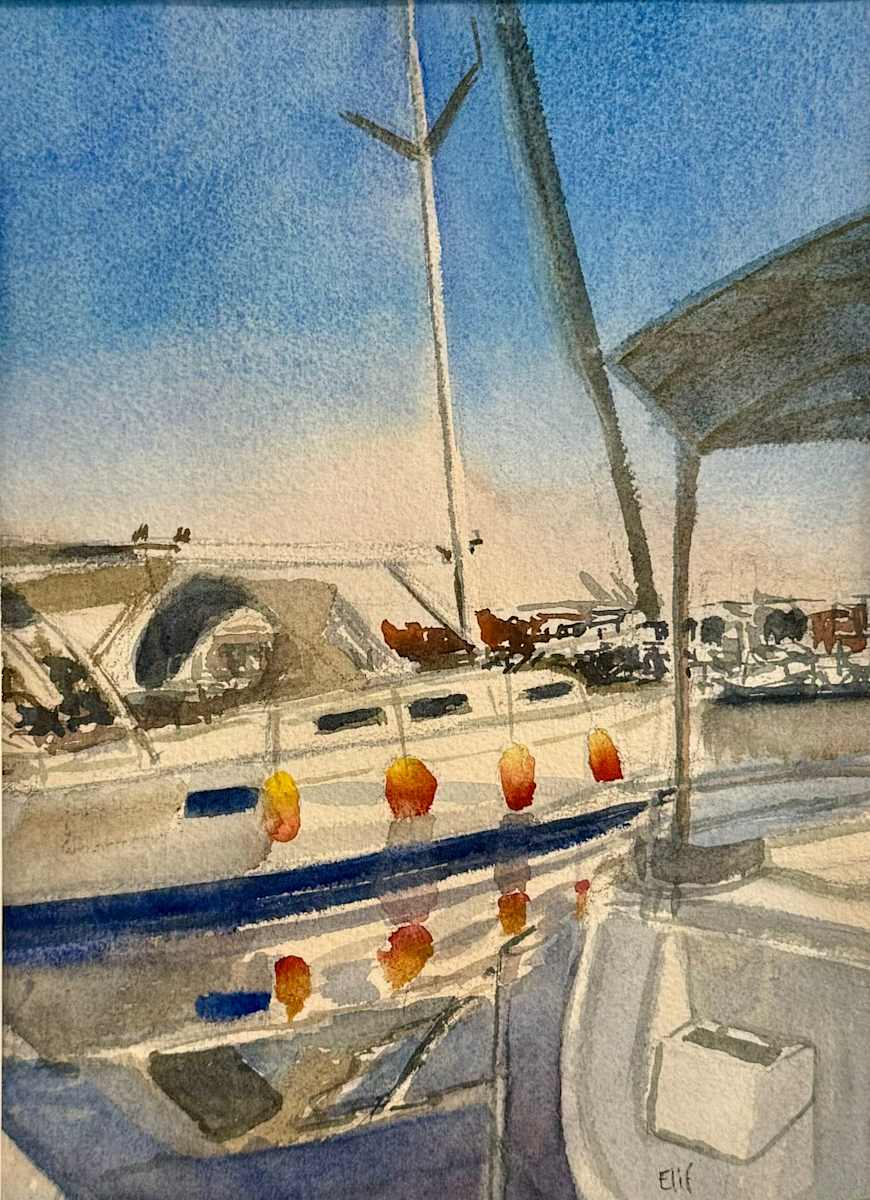 Marina (Large) by Elif Ozkaya  Image: Watercolor painting of a marina with a large sailboat and its reflection on calm waters. The artwork captures the serene coastal atmosphere, highlighting the sailboat's graceful lines and the peaceful water scene.