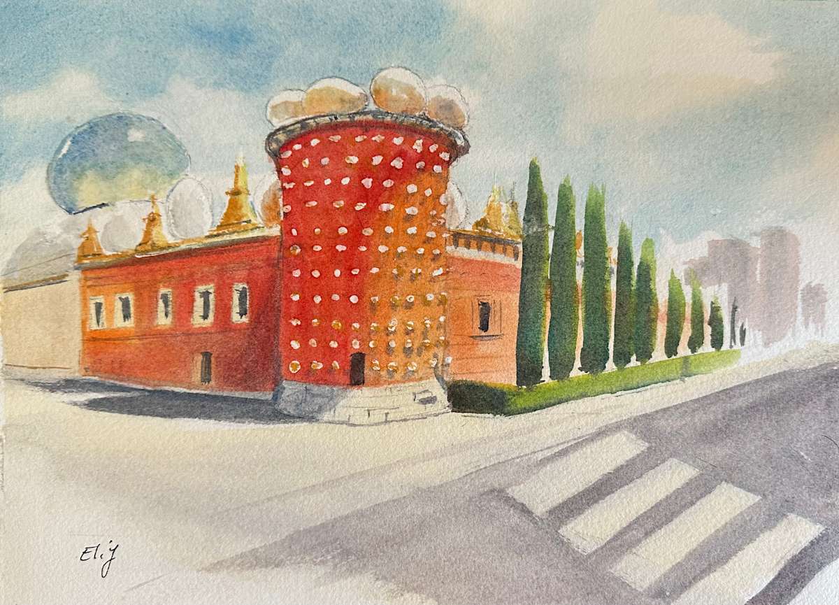 Dalí’s Dreamscape by Elif Ozkaya  Image: The watercolor painting of Dalí's iconic Museum in Figueres, Spain, features a large red building with a distinctive round tower and dotted roof, surrounded by tall cypress trees. The street in the foreground has a zebra crossing, capturing the artist's spirit in architecture and tranquil surroundings in an illustration style.