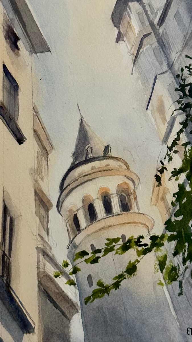 Galata Tower by Elif Ozkaya  Image: Watercolor painting of Galata Tower in Istanbul, showcasing the iconic landmark against a backdrop of the city's historic skyline. The artwork captures the tower's distinct architecture and timeless presence in the heart of Istanbul.