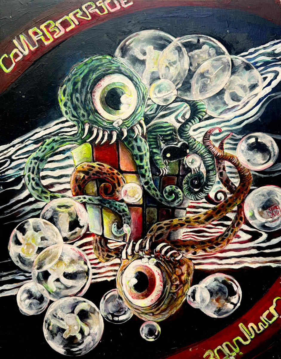 Compete/ Collaborate by Isis A//fourtoeight  Image: Compete/Collaborate is part of the Dark Surrealism Series #3: Time Heals, a set of paintings that share ideas of Time, as a key variable in overcoming difficult events through life, as a common thread.