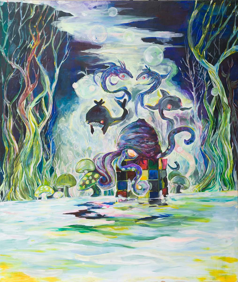 Cuttlefish on a Rubik's cube by Isis A//fourtoeight  Image: Heavily personal yet with a general oniric aesthetic appeal, "Cuttlefish on a Rubik's cube" is one out of ten medium/large format acrylic paintings that comprise the Dark Surrealism Series #1, a collection that tells a story of closure upon realisation of an intense need to move forward and away from the context framing it's inception.