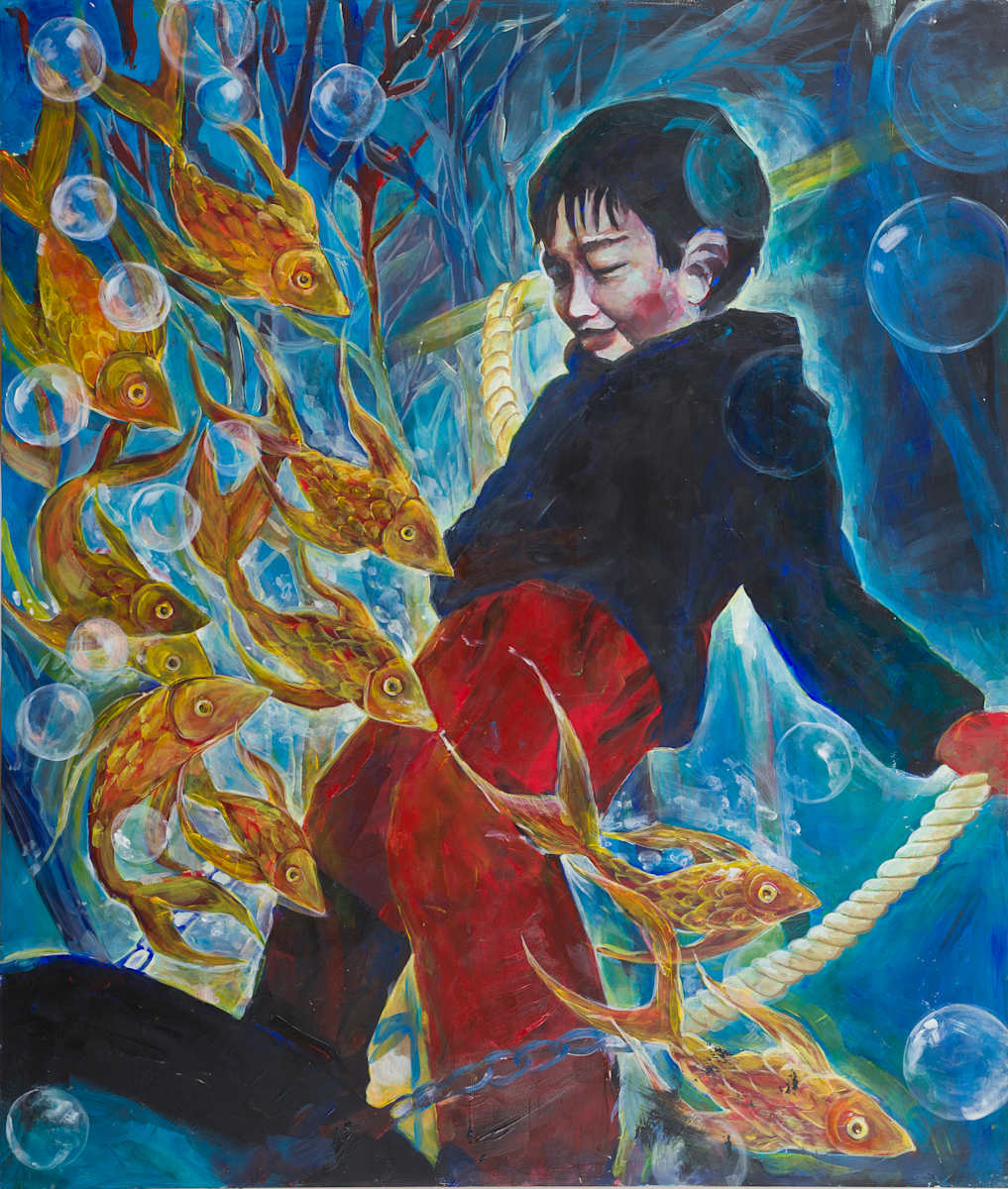 About Flying by Isis A//fourtoeight  Image: Heavily personal yet with a general oniric aesthetic appeal, "About Flying" is one out of ten medium/large format acrylic paintings that comprise the Dark Surrealism Series #1, a collection that tells a story of closure upon realisation of an intense need to move forward and away from the context framing it's inception.