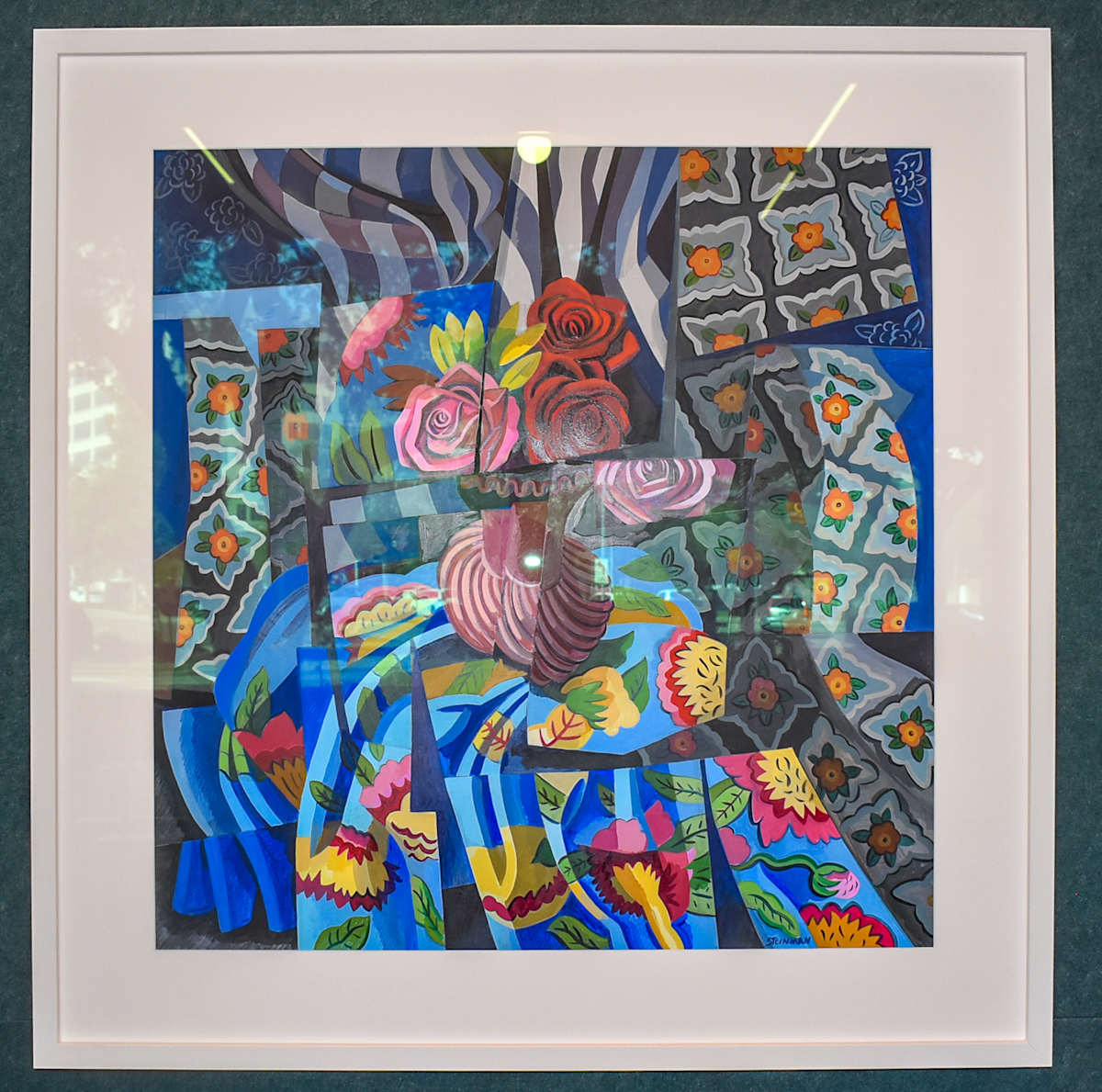 Rosa II by Joan Steinman  Image: Joan Steinman's portraits of daily life hum with color and vibrancy. Born in Beaumont, Texas, Steinman received a BFA from the Kansas City Art Institute and an MFA from Indiana University. Her work also draws inspiration from studies in Italy and France. Steinman's still lives of flowers, vases, and textiles are cubist kaleidoscopes, the scenes fragmented by shafts of light. Her bright cityscapes capture architecture with a deftness and solidity, while still retaining the sense of light, color, and sun that saturates her interior scenes. Steinman's painted worlds are characterized by a sense of joyous chaos but embedded with a clear sense of pattern and composition. She paints life as a swirl of color and shape- a collision part man, part built environment, and part natural world. 