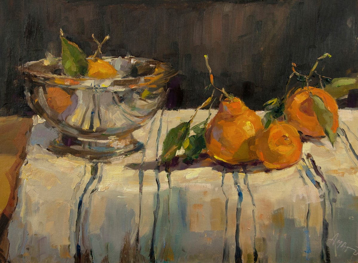 Mandarins on Striped Cloth by Stephanie Amato, Image 1.