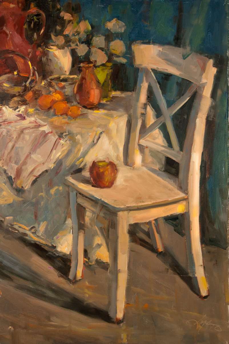 White Chair with Blue Drape by Stephanie Amato, Image 1.