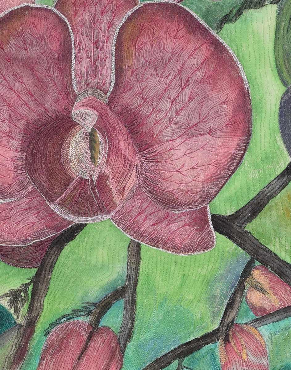 Canvas Orchid by Janet Herman  Image: Orchid's unique form with a massive amount of thread to texturize the surface. 