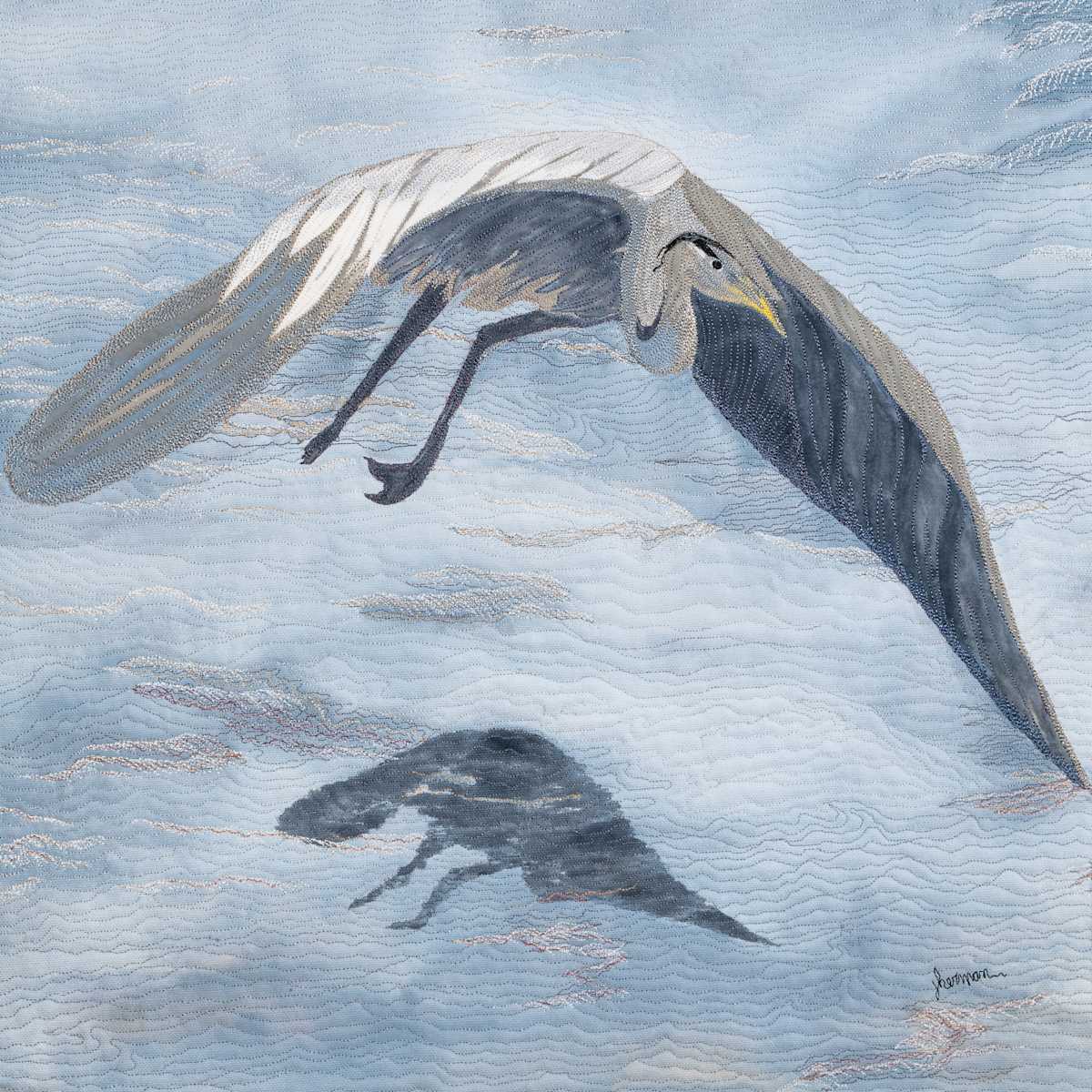 Heron Over the Sea by Janet Herman  Image: Great blue heron cuts through morning fog