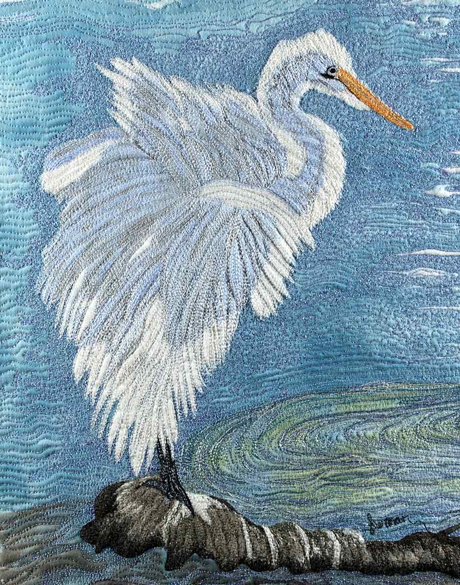 Turquoise Pond Egret by Janet Herman  Image: Wings ruffled up, bird gazing into a swampy pond; settling in for a long wait. 