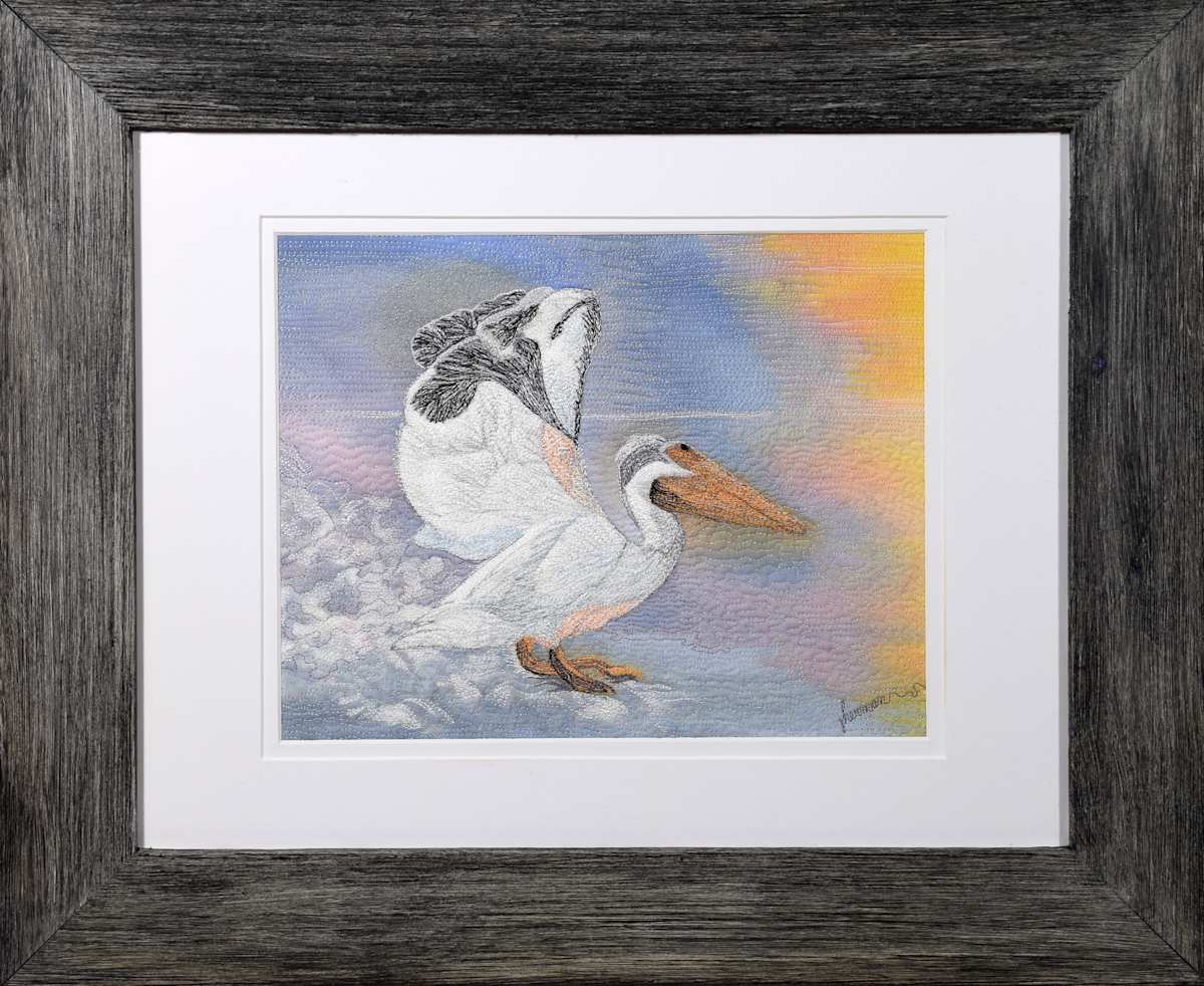 White Pelican Splashdown by Janet Herman  Image: Textured paper reproductions available in sold-reproductions collection. 