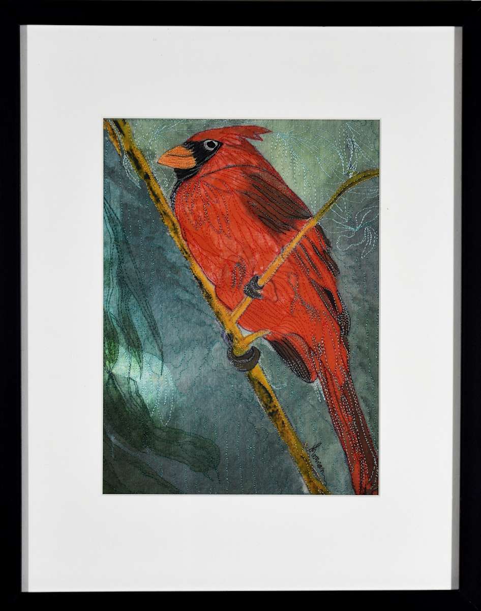 Red Cardinal Stitched Reproduction on Silk 1 of 1 by Janet Herman 