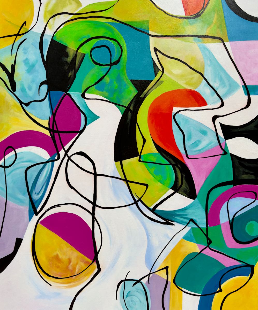 Playful by Susan Yennerell  Image: Playful captures the essence of spontaneity and imagination through vibrant, abstract shapes arranged in a whimsical dance. Each shape, with its unique contours and colors, represents fragments of imagination and curiosity, freed from conventional constraints. The black twisted line connecting these forms represents the invisible threads of creativity, binding them into a unified yet dynamic composition. Its fluid, undulating form disrupts the static nature of the shapes, infusing the composition with a sense of movement and playful energy. Playful is an invitation to embrace the unexpected and to delight in the unconventional. It’s about the beauty of spontaneity and the joy of creation that defies structure, reminding us that sometimes, the most profound connections are found in the most surprising places.
