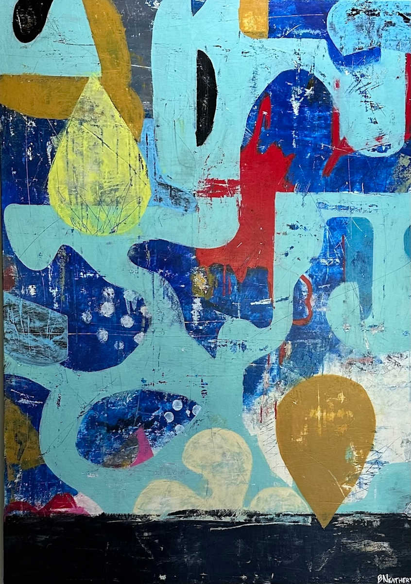 Gypsy Wind by Bret Neathery  Image: This artwork bursts with vibrant abstract forms and dynamic colors, creating a compelling tapestry of visual excitement. The juxtaposition of soft blues with bold reds and yellows establishes a striking contrast, effectively drawing the viewer's eye across the composition.