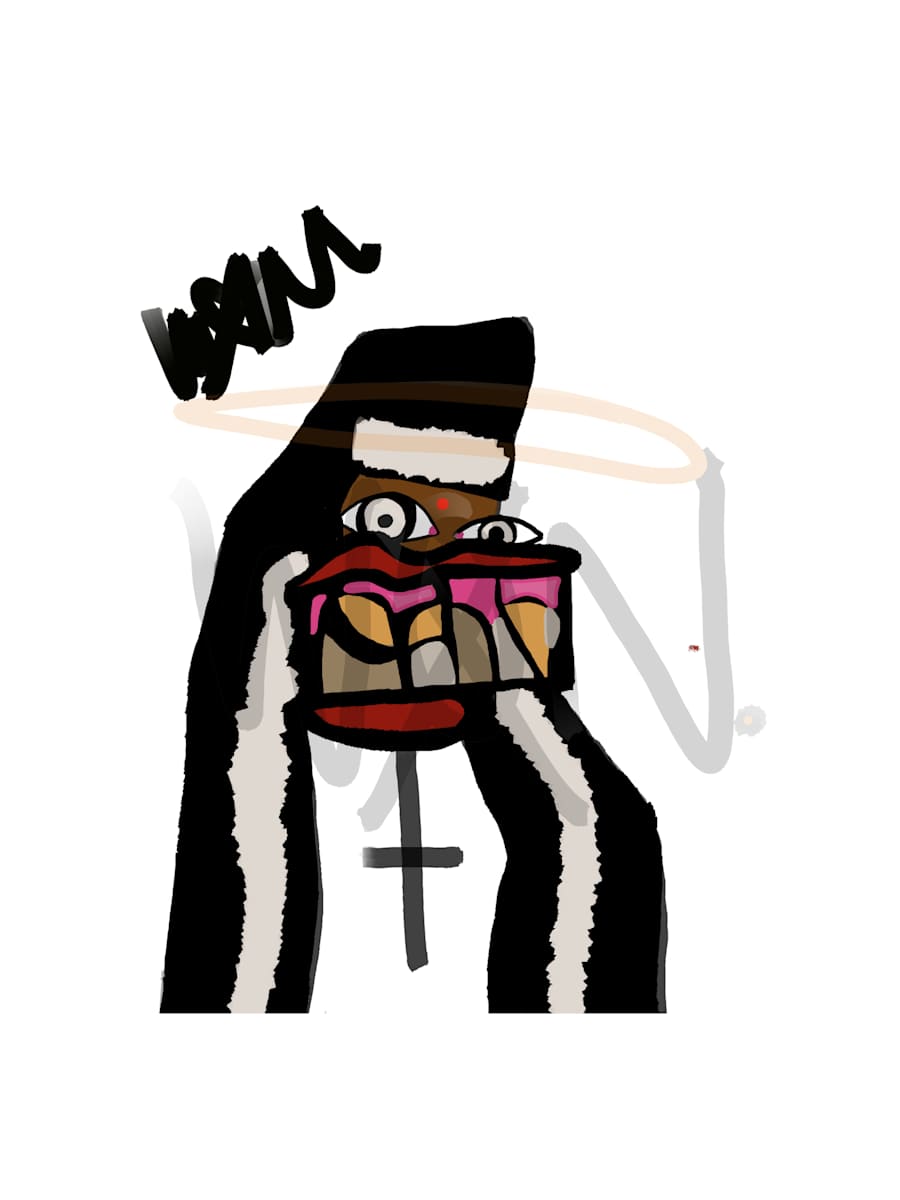 HOLIER THAN THOU. by JAZ  Image: HOLIER THAN THOU portrays a figure caught in the tension between self-perception and the judgments placed upon them by others. The figure's facial expression, with wide eyes and a distorted grin, suggests confusion and emotional turmoil as they grapple with external criticism. Upon closer examination, details such as the grills on the teeth, bold lipstick, and the subtle presence of a bindi reflect the figure's identity as a Black woman. These elements highlight themes of cultural pride and individuality, while the halo above the figure's head juxtaposes this, symbolizing the weight of societal or moral expectations.

The piece critiques the hypocrisy of those who use perceived moral superiority to pass judgment, while the figure remains affected by these opinions, unsure of how to navigate the expectations imposed on them. The blending of cultural symbols adds depth, questioning the pressures placed on marginalized identities to conform or defend themselves under scrutiny.