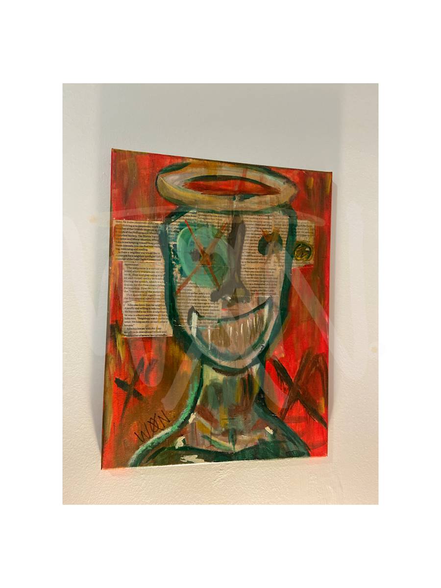 RUMOR HAS IT by JAZ  Image: RUMOR HAS IT captures the personal experience of vulnerability turned against oneself, exploring the impact of betrayal and gossip. The figure, with an exaggerated smile and a halo, appears to represent innocence or honesty, while the fiery red background and crosses evoke a sense of anger and conflict. The collaged text emphasizes the weight of words and how they can be weaponized. This work reflects the emotional toll of sharing intimate details, such as a common health condition, only for them to be used in malicious ways by those who are ironically affected by the same thing. Through bold, expressive strokes and layered textures, the piece confronts the painful reality of rumors and the necessity of cutting toxic people out of one's life. (you can't bully me.)