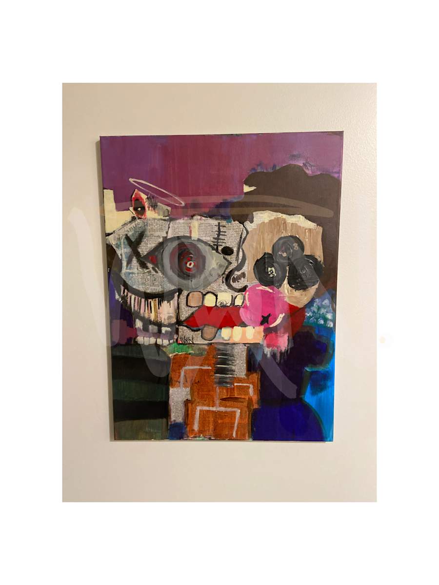 THE SYSTEMS B!TCH by JAZ  Image: "The System’s B!tch” is a raw visual scream — loud, chaotic, and unapologetically distorted. It explores the deeply ingrained stereotypes projected onto Black lives: the drug dealer, the prisoner, the prostitute. These characters may appear to fit those labels on the surface — but that’s the point. The woman on the left challenges the image of a prostitute. The man on the right could be anyone, yet society sees him as a threat. The central figure in orange makes the prison reference undeniable — but all three wear tones of incarceration, showing how thin the line is between ‘free’ and ‘trapped.’

The background graveyard is a reminder that judgment, pain, and struggle don’t stop life from moving forward. The halo isn’t holy — it’s surveillance. The newspaper face reflects how the media spins partial truths. One eye is blacked out — muted. The smile is a forced performance. This piece speaks to the exhausting reality of being boxed in by roles you never chose — and still daring to create, exist, and resist.