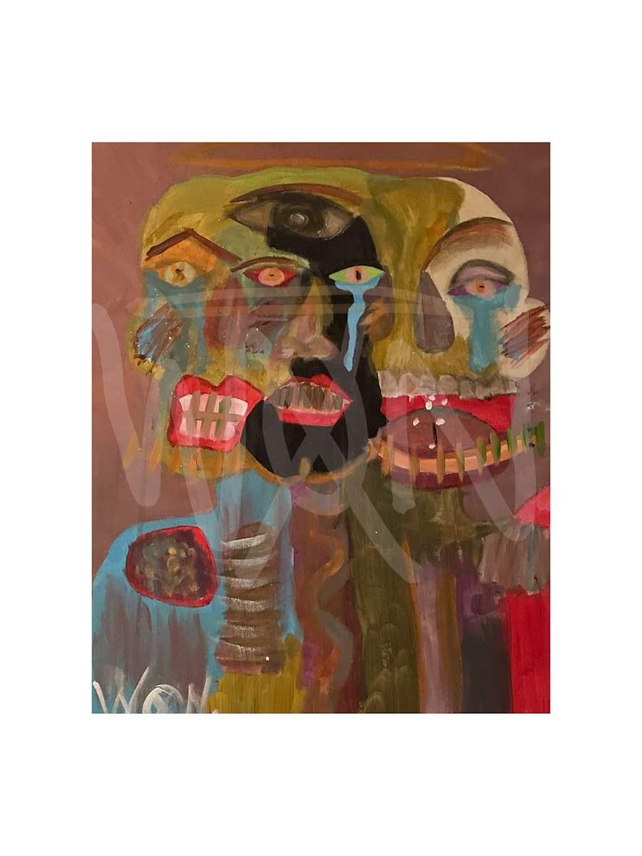 GOOD, BAD, 'N UGLY by Jazme'n Nicole Burdette  Image: This evocative piece by Jazme'n delves deep into the intricate layers of mental health, illustrating the multifaceted nature of the human psyche. Through a vivid amalgamation of colors and forms, "Good, Bad, 'N Ugly" reveals the cathartic release inherent in artistic expression. The painting juxtaposes the beauty of positive experiences against darker, more chaotic moments, symbolizing the continuous journey toward mental well-being.

The figures within the artwork embody the duality of human emotions—the good, the bad, and the undeniably ugly aspects of life. The central face, adorned with expressive eyes and exaggerated teeth, mirrors the internal battles and triumphs that define our existence. The tears and smiles interwoven within the piece reflect the healing power of creativity, highlighting how artistic endeavors nurture the mind, body, and spirit.

Jazme'n's use of bold, contrasting colors and abstract forms creates a dynamic narrative that encourages viewers to confront their own mental health struggles and victories. This piece serves as a reminder that every emotional state, no matter how complex or challenging, contributes to the richness of the human experience. Through "Good, Bad, 'N Ugly," Jazme'n invites us to embrace our unique journeys and find solace in the transformative power of art.
