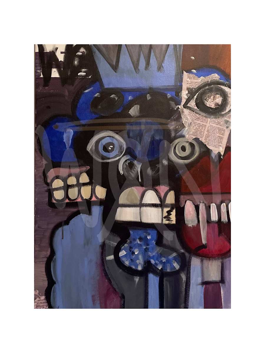 LOVEBOMBER-ED? by JAZ  Image: LOVEBOMBER-ED delves into the complex emotional cycle of being both a recipient and perpetrator of love bombing. Using bold, contrasting colors like deep blues and intense reds, the piece reflects the push-pull dynamics of manipulation and affection. Distorted, overlapping facial features create a sense of disorientation, symbolizing the blurred boundaries in relationships and friendships where these behaviors occur. The textured collage elements over the eyes suggest masked intentions and the difficulty in seeing these toxic patterns clearly. This raw, expressive work captures the confusion and emotional weight of unbalanced, manipulative connections.