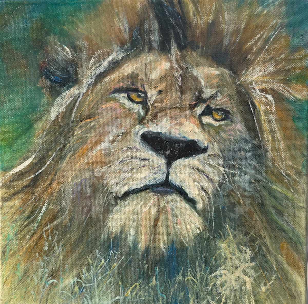 AFRICA'S PROUD AND COMANDING LION by Kim Denice Clark  Image: Lion's intense and expressive closeup in bold oil strokes