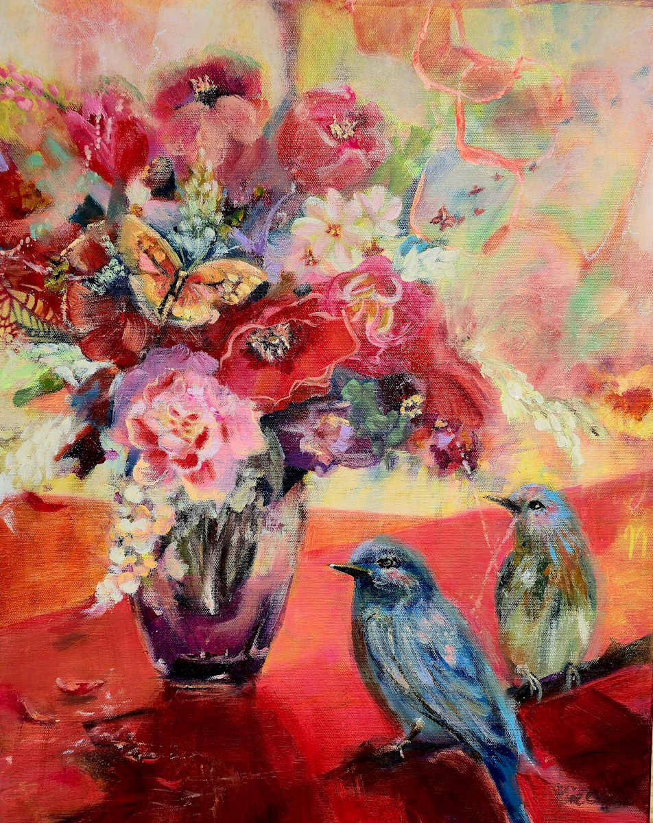 "Petals Speak" by Kim Denice Clark, International Fine Artist  Image: Where Petals Speak captures a moment of vibrant stillness, with bold blooms and watchful bluebirds.