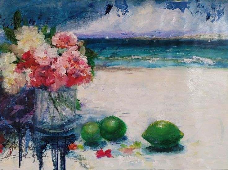 Flowers and Limes on Beach by Kim Denice Clark 