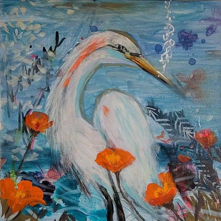 Egret and Poppies by Kim Denice Clark 