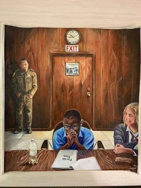 Depiction of Inmate at Parole Hearing by Nhut Vo 