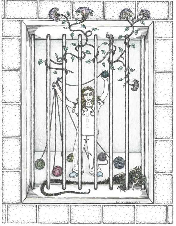 Woman Crocheting (Bars Triptych P2) by Carole Alden 