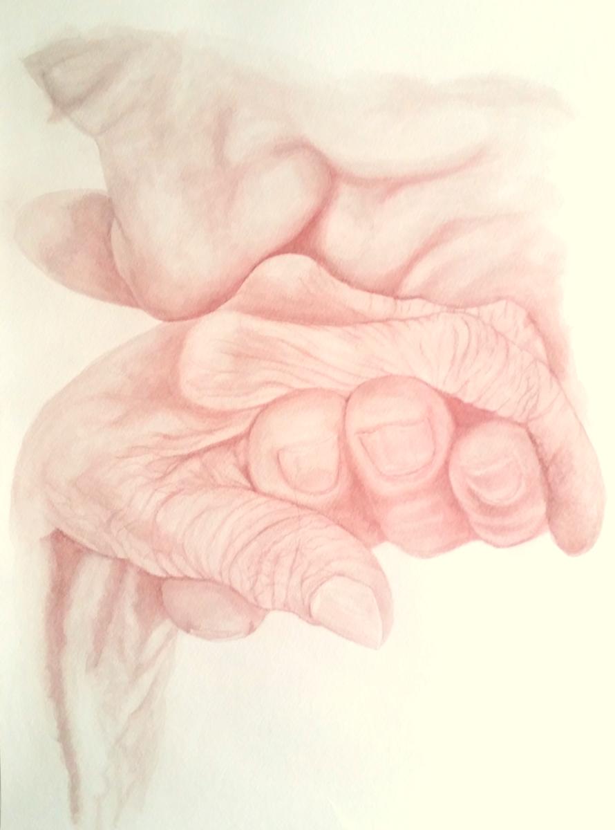 Etc . . . by Dawn Leigh  Image: This artwork is a delicate and emotionally evocative close-up depiction of two hands clasped together, rendered in soft sepia or pastel tones of the red wine in which it is created. The image highlights the beauty of human connection and the passage of time.