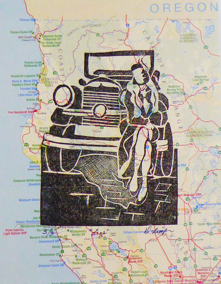 Legs by Dawn Leigh  Image: The simplicity of the black-and-white lino-cut print contrasts with the complexity and color of the map, making the figure and the car stand out prominently.
