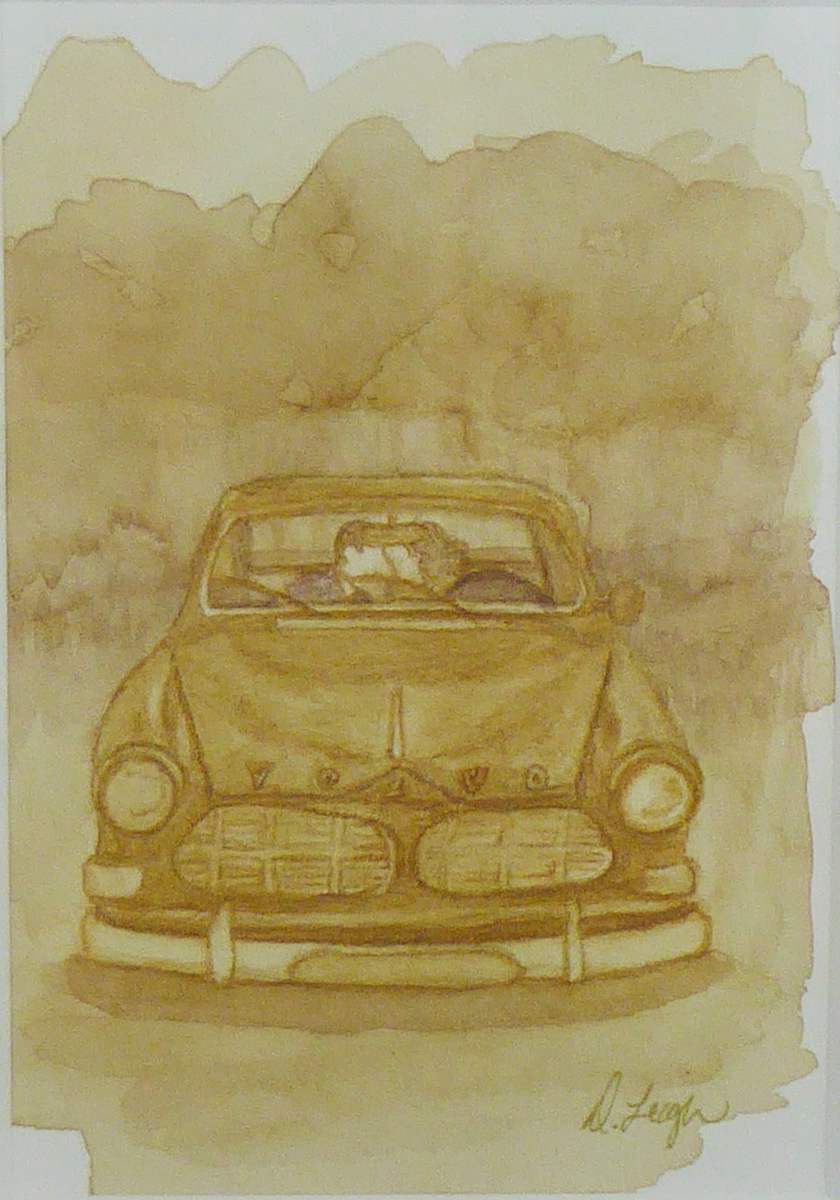 Volvo Love by Dawn Leigh  Image: 
Rendered in sepia tones, using coffee as a watercolor, it features an intimate moment between two people inside a vintage car. The warm, monochromatic color palette gives the piece a nostalgic, almost dreamlike quality, evoking memories of classic road trips or romantic getaways.