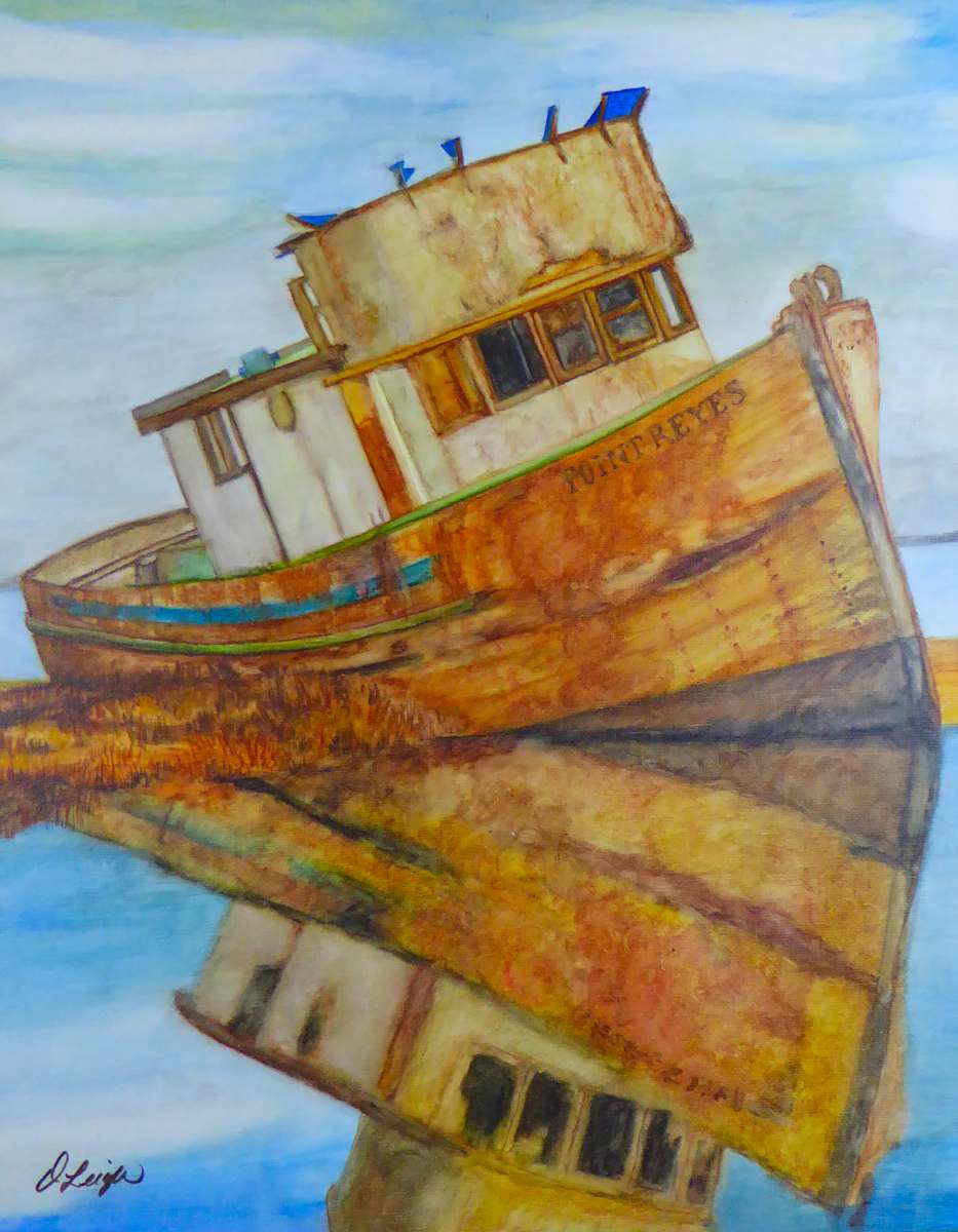 Point Reyes Landed by Dawn Leigh  Image: "Point Reyes Landed" features a beautifully detailed depiction of an old, abandoned fishing boat resting on a shoreline, partially submerged in water. 
