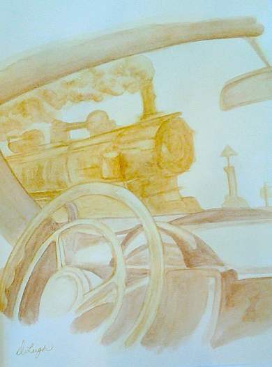 Speeding by Dawn Leigh  Image: The artwork presents a nostalgic and dynamic scene where a vintage car and a steam locomotive converge in a moment of movement. The piece is done in soft sepia tones, giving it an old-time, vintage aesthetic.