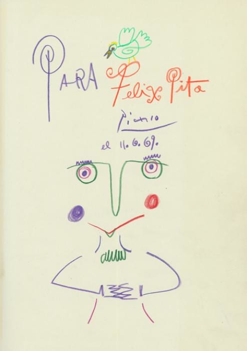 Portrait by Pablo Picasso  Image: Drawing on the first page of "The Posters of Picasso" book, dedicated, signed and dated "Para Felix Pita, Picasso, el 11.6.69' " in the upper center