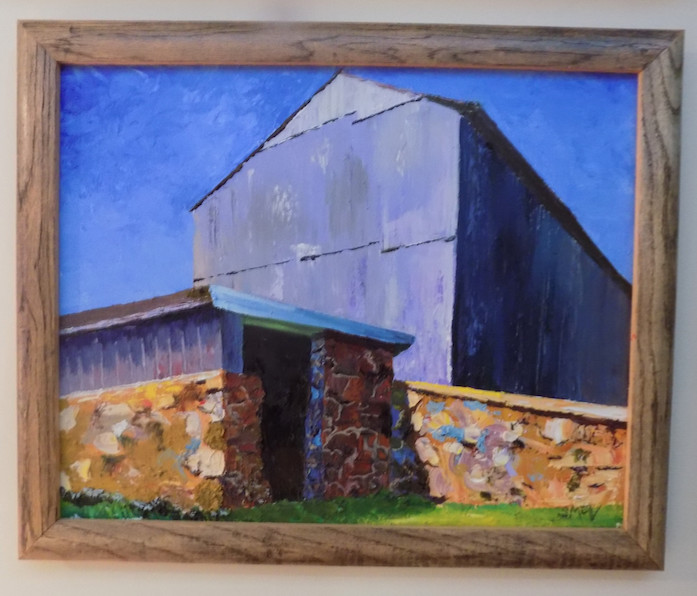 Blue Barn Yellow Stone Wall WHERE IS THIS PAINTING? by Barnlady 