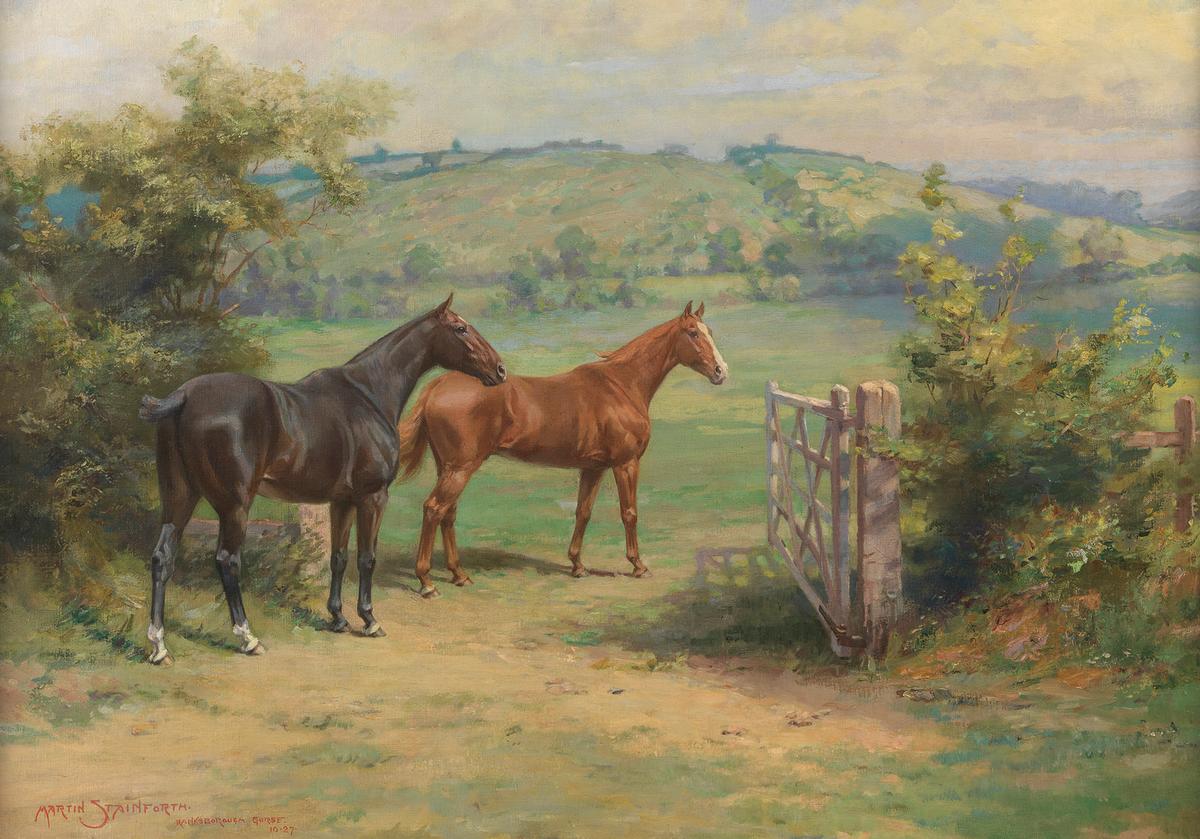 Portrait of Two Horses at an Open Gate by Martin Frank Stainforth 